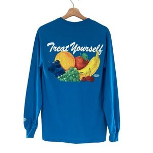 Petals and Peacocks Treat Yourself Fruit Graphic Tee Long Sleeve Blue Cotton
